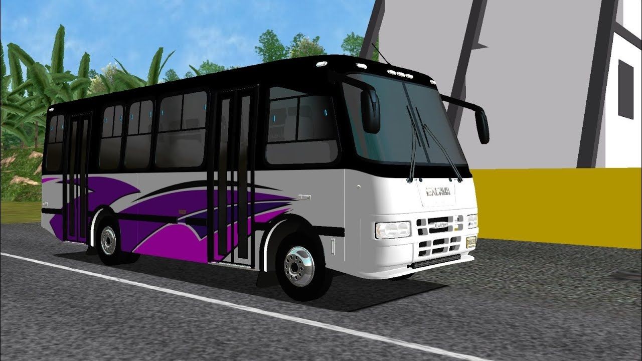 Purple and white bus on a road with trees and buildings in the background.